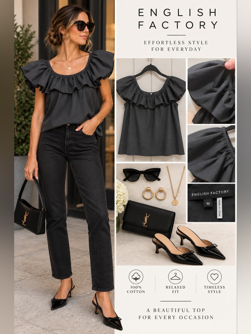 English Factory Ruffle Neck Puff Sleeve Top Black Size M